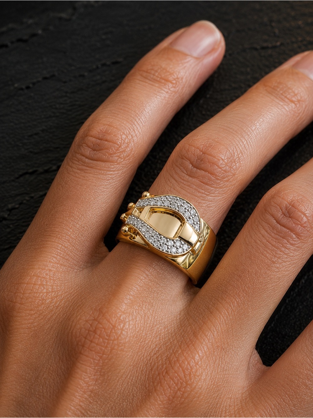 Welded Wardrobe Gold Pavé Buckle Fashion Ring | Statement Ring